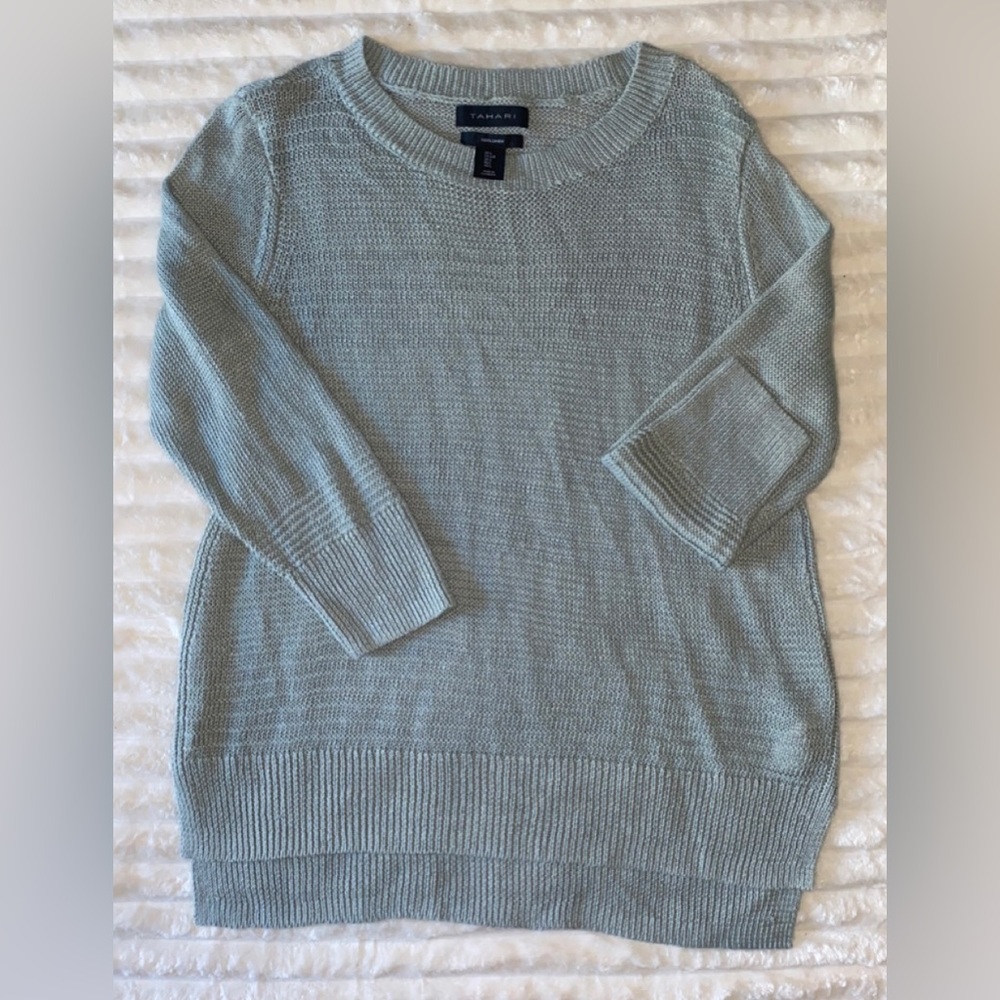 Tahari 100% Linen Open Knit Women’s Large Boatneck Pullover Sweater Sage Green